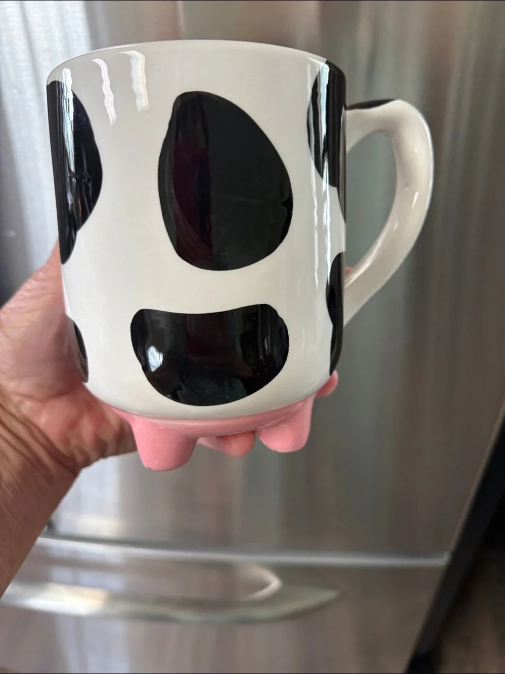 Boston Warehouse Ceramic Cow Print Coffee Mug in White and Black with Pink Hoofs